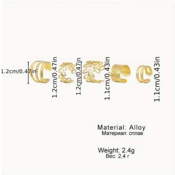 🆕 Leaf Cuffs Hollow in Gold Tone Set Of 5 Golden FILIGREE Earring Cuff 5pc - Picture 3 of 4